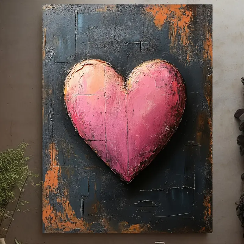 1 Piece Framed Canvas Print - Romantic Pink Heart Painting, Dark Charcoal Gray Background, Cottage Style and Minimalist Decoration - Ready-to-Hang Edged Canvas - Perfect Valentine's Day Wedding Anniversary Gift - Living Room, Bedroom, Office Wall Art - Ec
