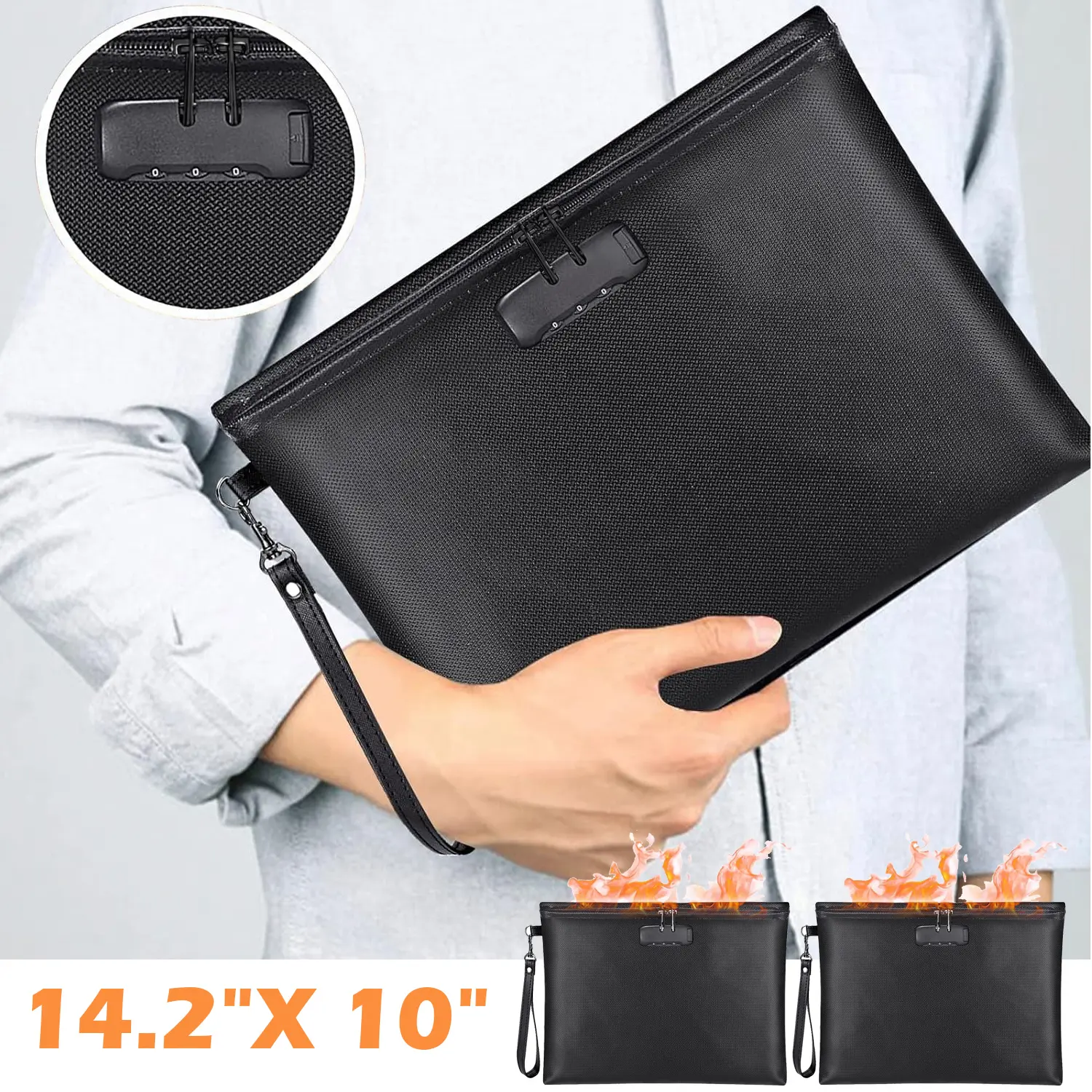 1/2 Pack Fireproof Document Bags with Lock, 14.2"x 10" Fireproof Money Bag, Fireproof Safe Storage Pouch with Zipper for A4 Document Holder, File, Cash and Tablet