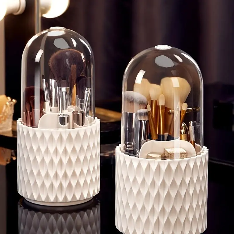 Multi-grid Clear Makeup Storage Box with Lid, 1 Count Makeup Brush Storage Box with Compartments, 360 Degree Rotating Large Capacity Makeup Brush Storage Pen Holder