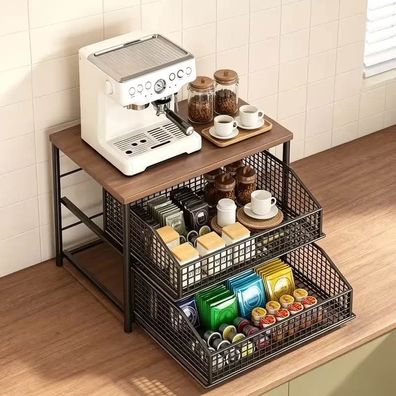 Kitchen Storage Rack with 3-Tier Metal Basket for Coffee Supplies and Kitchen Essentials Organize Your Space Efficiently