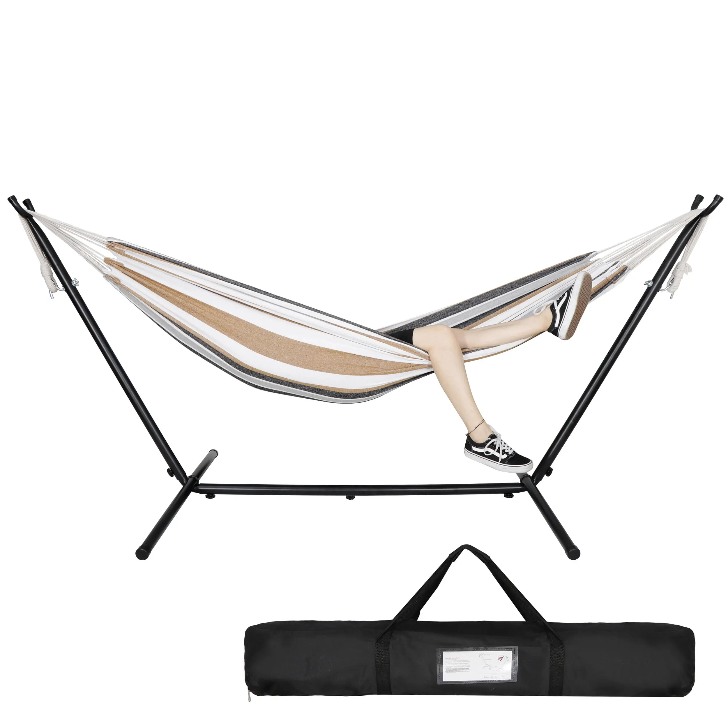ZENY 450lbs 9FT Portable Travel Brazilian Double Hammock Stand with 2-Person 78x61in Soft Tan Stripes Seat, Space-Saving, Outdoor Living Furniture, Carry Bag Included, Portable Travel Hammock, Space Saving Hammock
