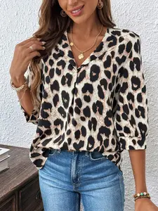 Women's Leopard Print Puff Sleeve Collared Blouse, Casual Classy Fashion 3/4 Sleeve Top for Daily Outdoor Wear, Ladies Clothes for All Seasons