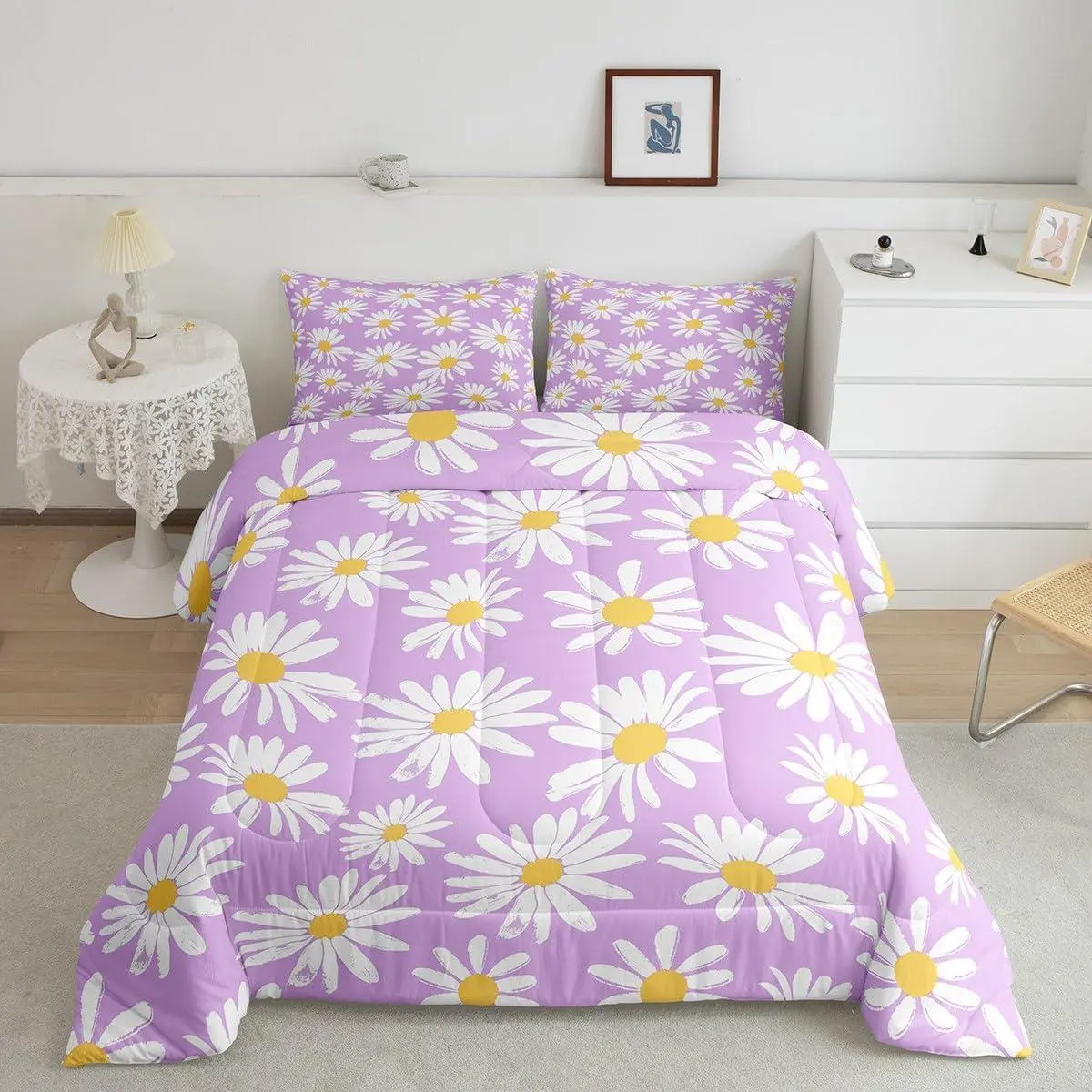 Feelyou Daisy Theme Polyester Fibre Comforter Set - Flower Printed Bedding, Lightweight Soft Breathable Blanket for Daughters, Cozy Aesthetic All-Season Quilt, Easy to Carry for Bedroom Dormitory, Purple White Yellow Decor