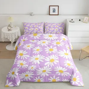 Girls Daisy Comforter Set,Kids Purple White Yellow Decor All Season Bedding Set,Teens Daisy Flowers Comforter,Children Spring Floral Decor Quilt Set