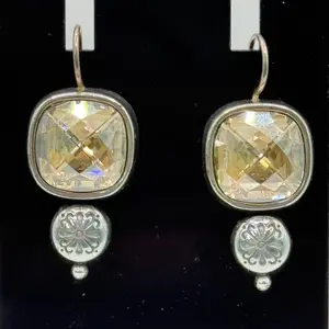 Brighton Citrine Dangle Earrings Silver Tone Floral Accent 1" Long Boho Art Deco