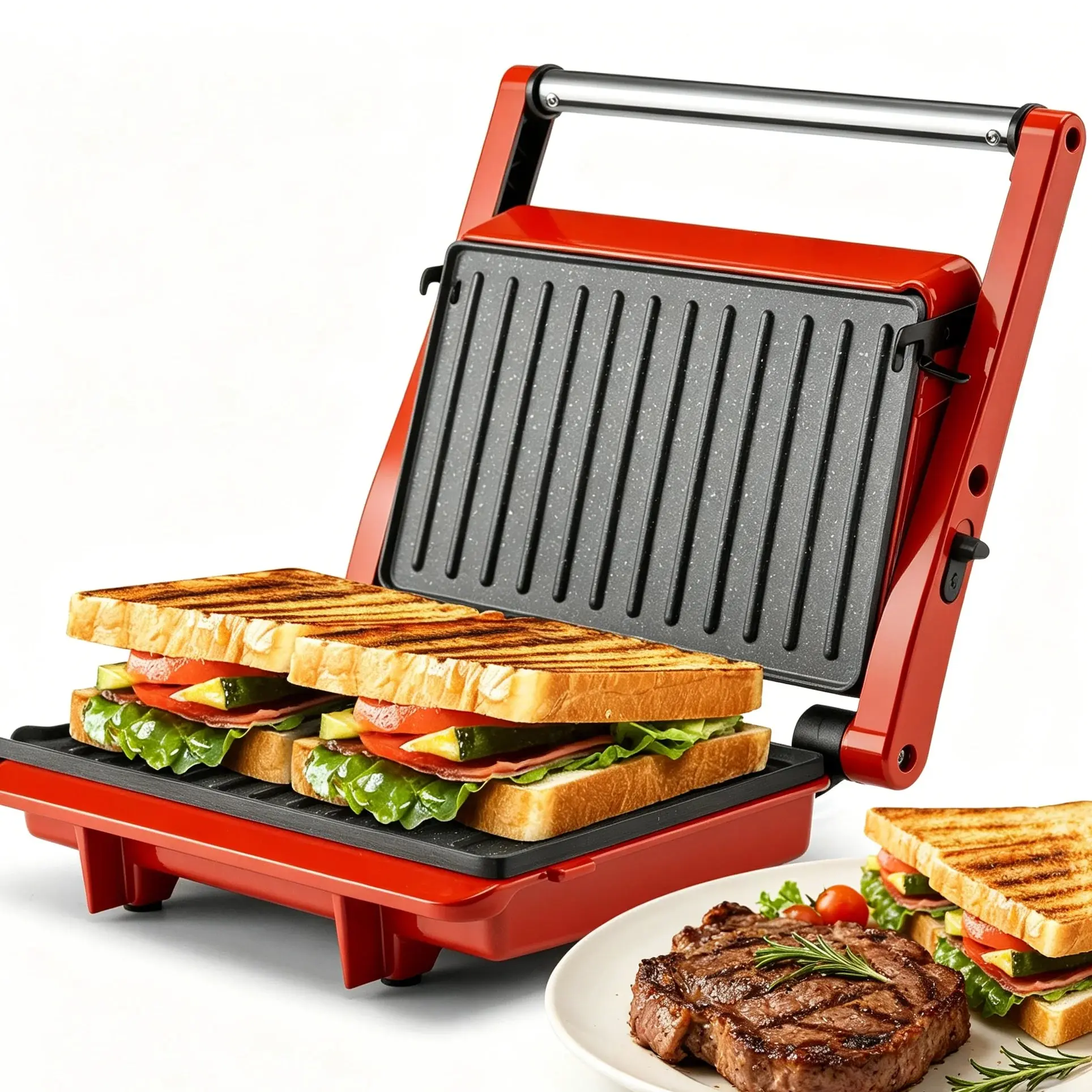 Suslas 1000W Panini Press Grill - Home Supplies, Home Cooking Use, Nonstick Plates, 2-Slice Capacity, Non-Slip, 10.9" l x 8.8" h x 3.6" closed, Compact Footprint
