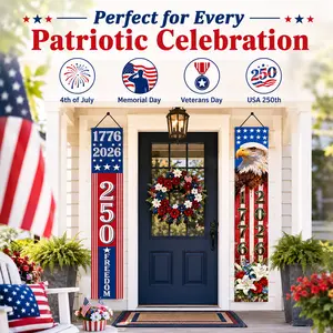 1 Set Patriotic Porch Banners, 71 Inch Red White Blue Hanging Signs, Vintage USA Style Outdoor Decor for Summer Front Door & Porch
