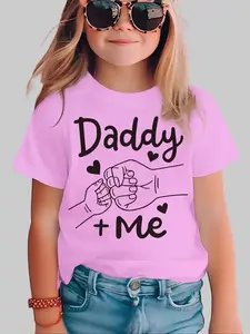 Girls' Summer Fashion Short-Sleeve T-Shirt, Cute Casual Top with "Daddy + Me" Letters Print for Kids Cute Cartoon Clothes