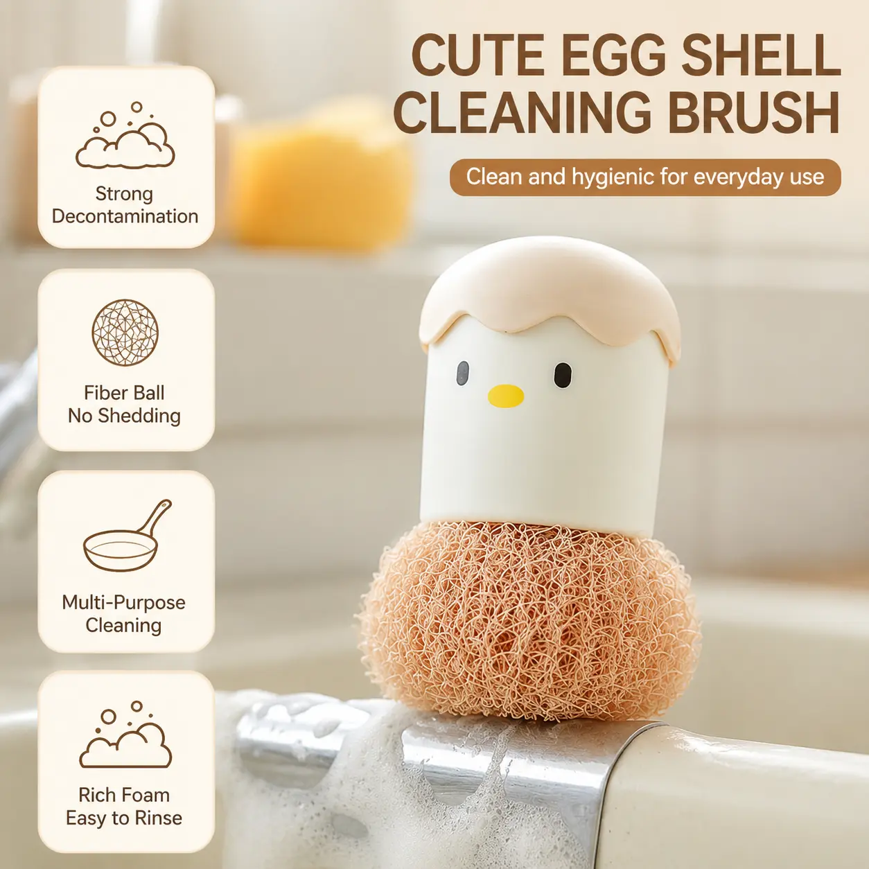 Cartoon Chick Shaped Kitchen Cleaning Brush Set - 1 Count, Fiber Scrub Head, for Pots, Dishes, Cutting Boards