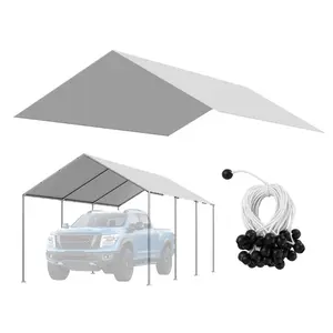 Portable Carport Replacement Canopy 10x20 Ft For Garage Tent Top Tarp - UV Resistant, Weatherproof And Waterproof Car Shelter Tarp With Ball Bungees, Heavy Duty Grey Cover - Frame Not Included, Ideal For Outdoor Vehicle Parking