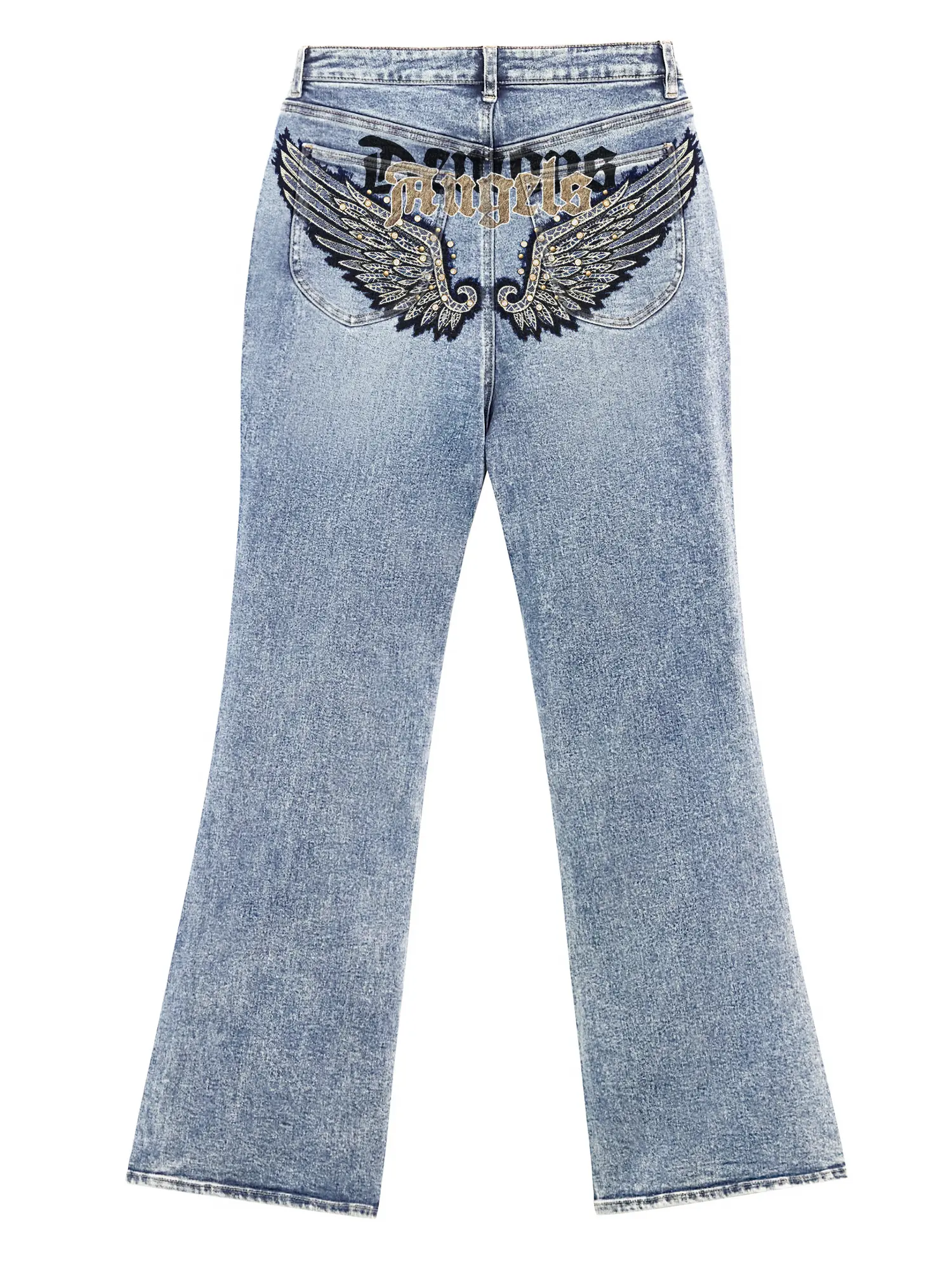 Jr Jeanius Wear Women's Traditional High-Waist High-Stretch Light Blue Wash Vintage Denim Jeans - Oversized Baggy Soul Flare, Soft Breathable Cotton, Push-Up Slim Fly, 1-Piece Smooth Streetwear Pants with Rhinestone Angel Wing Gothic Letter Embroidery