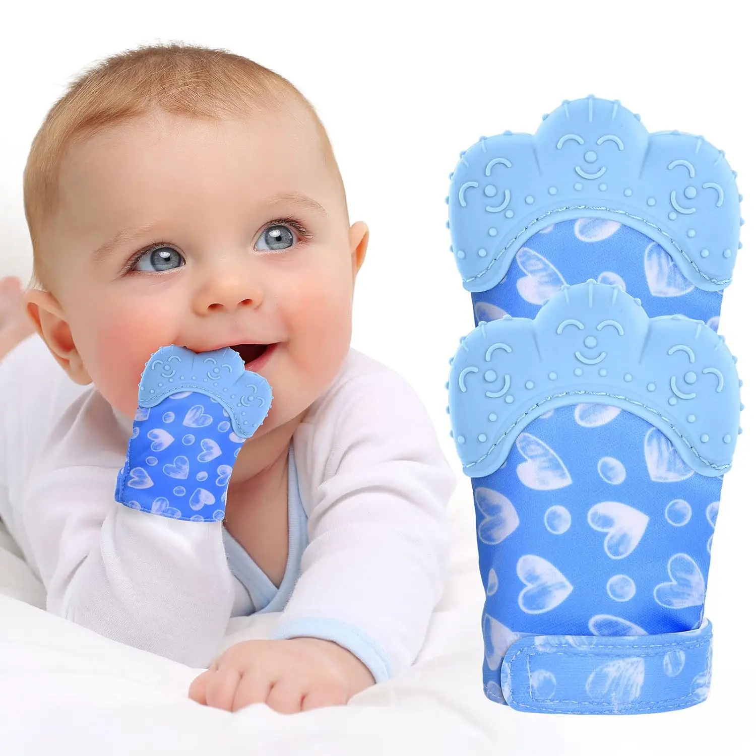 Unisex 2-Pack Silicone Teething Mittens for 0-12 Months, Blue Heart, Adjustable Size, No-Sound Crinkle Design, Safe Teething Toys for Pain Relief & Infant Scratching Prevention