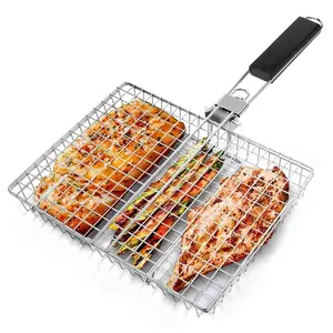 Outdoor BBQ Grill Net Single Sheet Rectangular Handle Tool Accessories, Carbon Steel Grid Rack Thickened with Handle, Barbecue Accessories, Barbecue Utensils