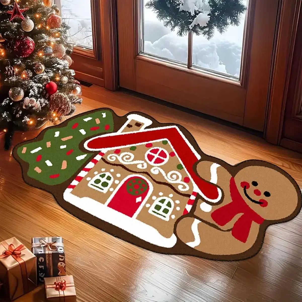 Christmas Gingerbread House Rug, Christmas Tree Mat, Holiday Home Decor, Soft Plush Foot Pad, Suitable for Living Room Bedroom Closet Bathroom