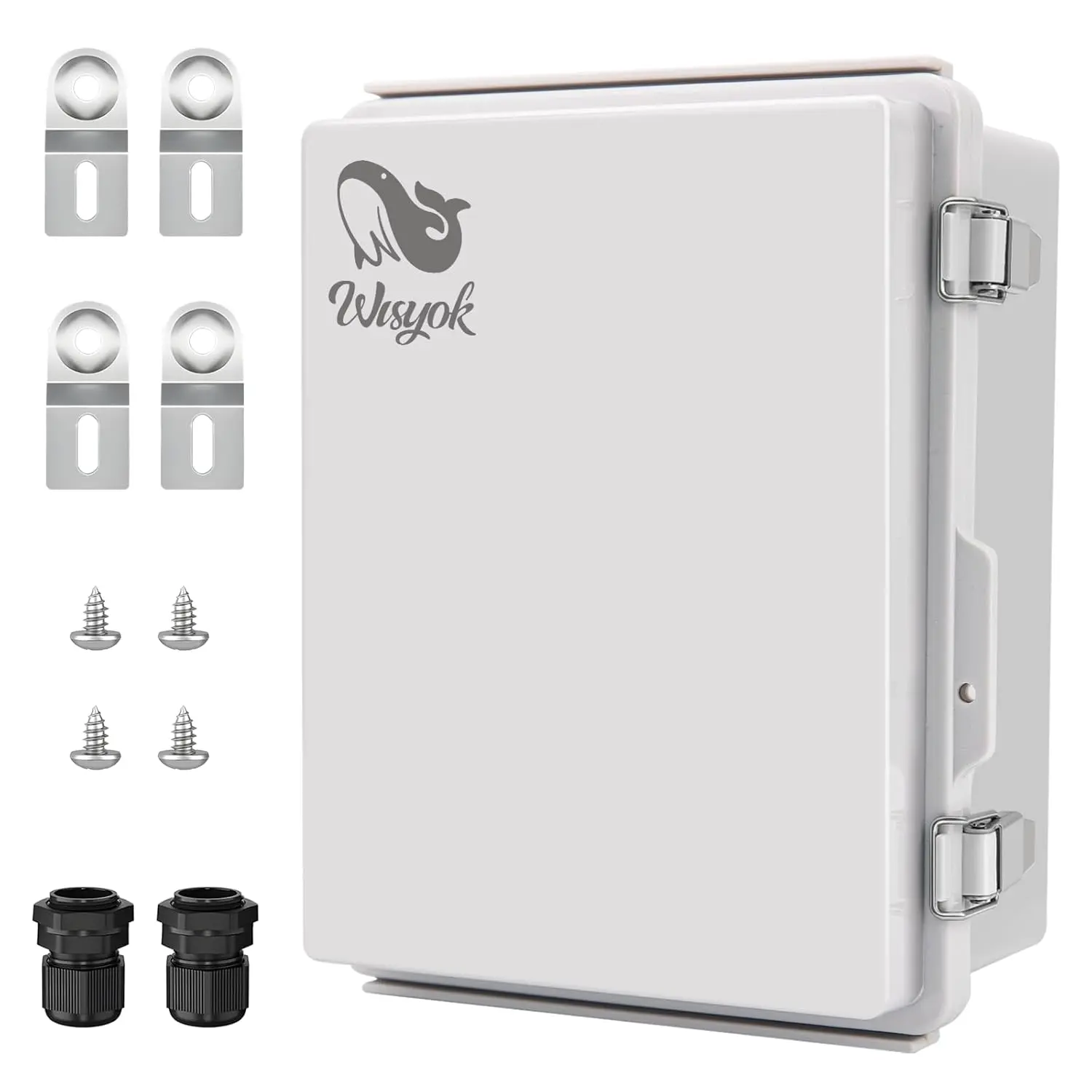 IP67 Waterproof Grey Rectangle Plastic Outdoor Electrical Junction Box (9.0"x6.7"x4.3") with 2pcs 1/2"-NPT Cable Glands, 4pcs Screws, Built-in Water Seal, Hinged Lid, Mounting Plate, Wall Brackets for Home Improvement, Solar Panels, WiFi, Amateur Radio