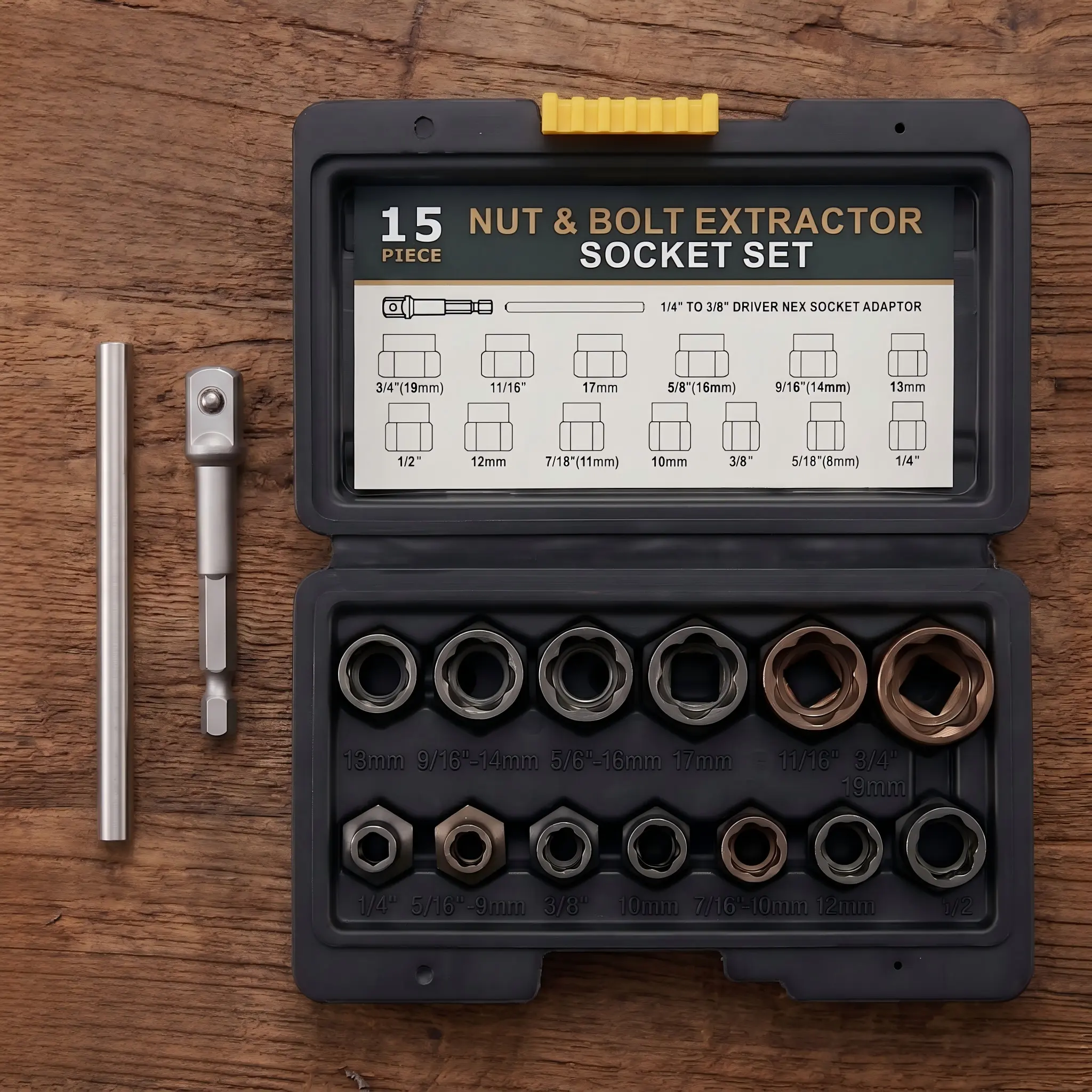 15PCS Damage Nut & Bolt Extractor Set, Broken Bolt Remover Kit with 3/8" Drive, High-Hardness Stripped Lug Nut Remover for Rusted, Frozen, Rounded Off Bolts and Nuts fathersdaygift