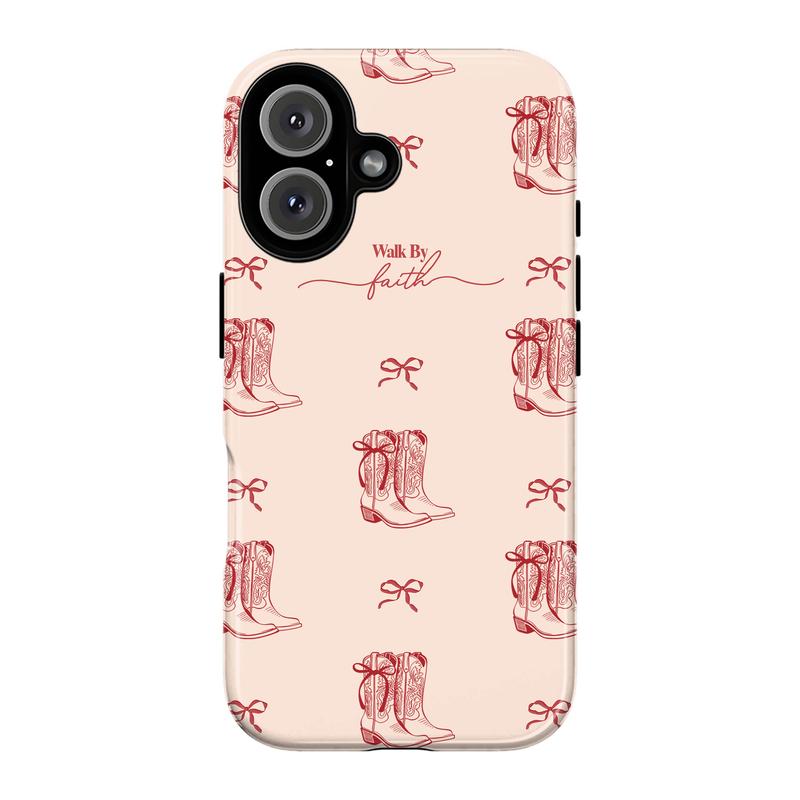 "Walk By Faith" Christian Cowgirl Phone Case Collection – Cute Coquette Pink Bows & Cowboy Boots, Bible Verse Quote, Southern Country Vibe, Faith Art  Cover for iPhone 17 Pro Max 16 15 14 Plus & Samsung Galaxy S25 S24 S23 S22 S21 Ultra