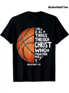 Christian Basketball T-Shirt with Philippians 4:13 Bible Verse "I Can Do All Things Through Christ" - Black with Orange Cross & Faith Design, Short Sleeve Athletic Apparel for Church Teams, Gym Wear
