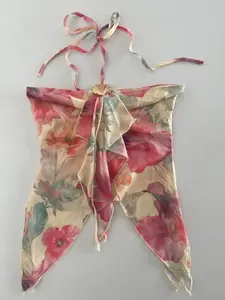 Summer Atmosphere Halter Top, Floral Beach Date Vacation Style, Metal Shell Decoration, Lightweight Sheer Transparent Upper, Stylish Summer Womenswear