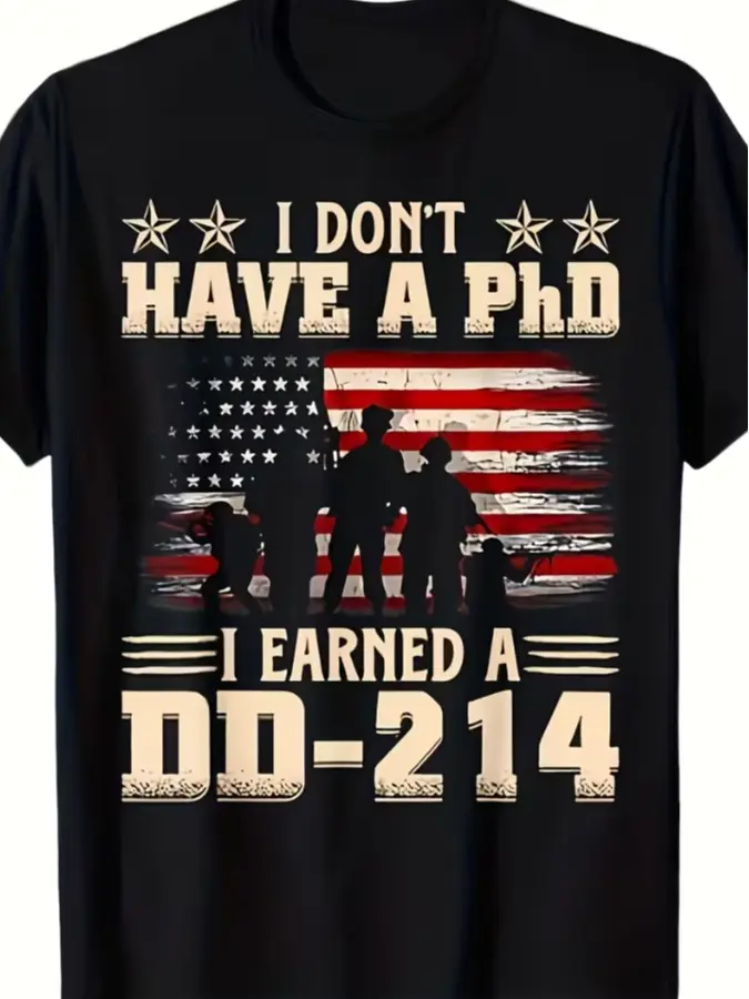DD214 Retro Flag T Shirt I Don't Have A PhD I Earned A DD214 Retro Flag USA T Shirt Y2K Street Retro, Seasonal Casual and Trendy, Crew Neck, Breathable, Machine Washable, Plus Size Big & Tall, Casual WearPattern Print Crew Neck T-Shirt Gift