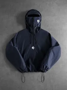 Men's Outdoor Functional Hooded Half-Zip Jacket, Solid Color Casual Loose Fit, Patchwork Design, Multi-Functional Hooded Coat