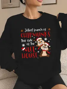 Women's Christmas Themed Sweatshirt, Casual Letter & Chipmunks Print Drop Shoulder Pullover, Ladies Fall & Winter Clothes for Daily Wear