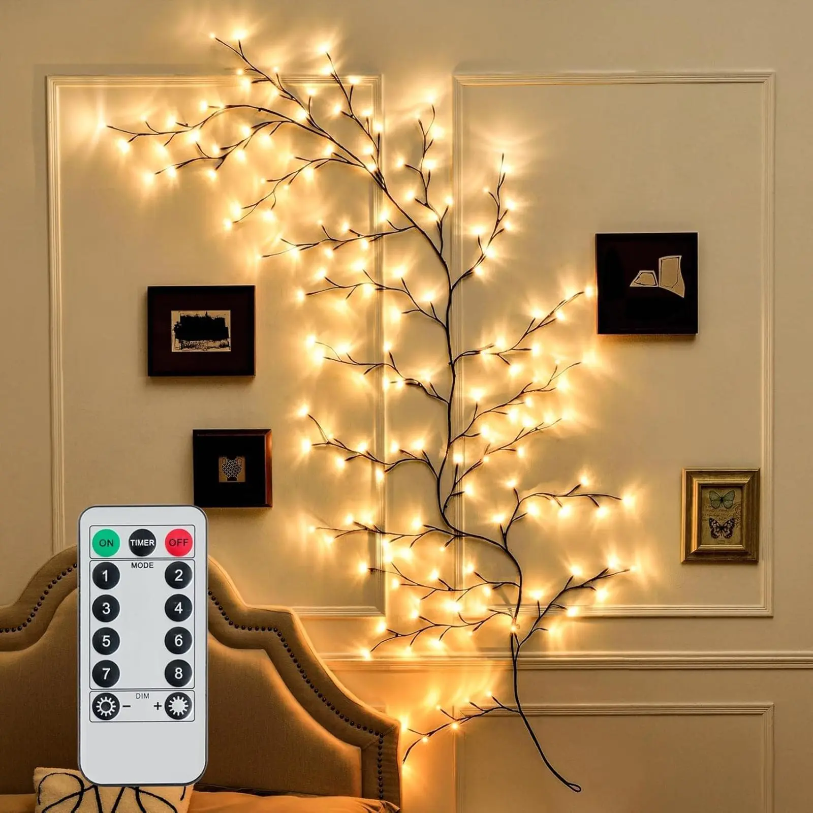 7.5ft Enchanted Willow Vine LED Tree Branch Lights, 144 LEDs, Remote Control, 8 Modes, 6.5ft Cord, 2 Adhesive Film Packs, Home Decor Wall Decor Indoor Use Lighting Options (Lights & Lighting Accessory for Christmas Living Room Bedroom Boho Settings)