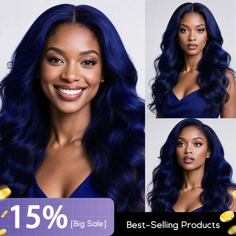 eullair Female 13x4 HD Invisible Lace Front Wavy Human Hair Wig, Dark Blue Body Wave 180% Pre-Pluck Line Frontal, 12inch-14inch Bob Natural Wavy Luxury Modern Wig