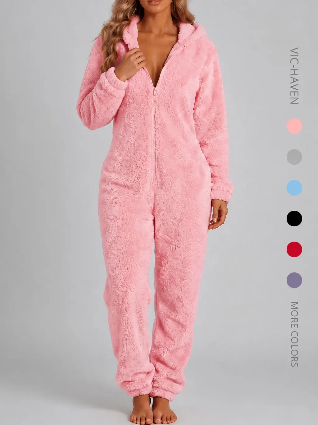 Women’s Fuzzy Fluffy Cute Elastic Fleece Hooded Sleepwear with Ear Flaps, Zip-Up Long Sleeves, Soft Integrated Warm Comfortable Loungewear