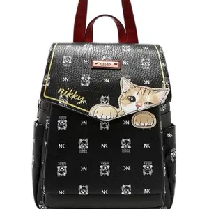 Nikky Cat Echo Leather Backpack Bag with Adorable Cat Design and Brand Logo Pattern