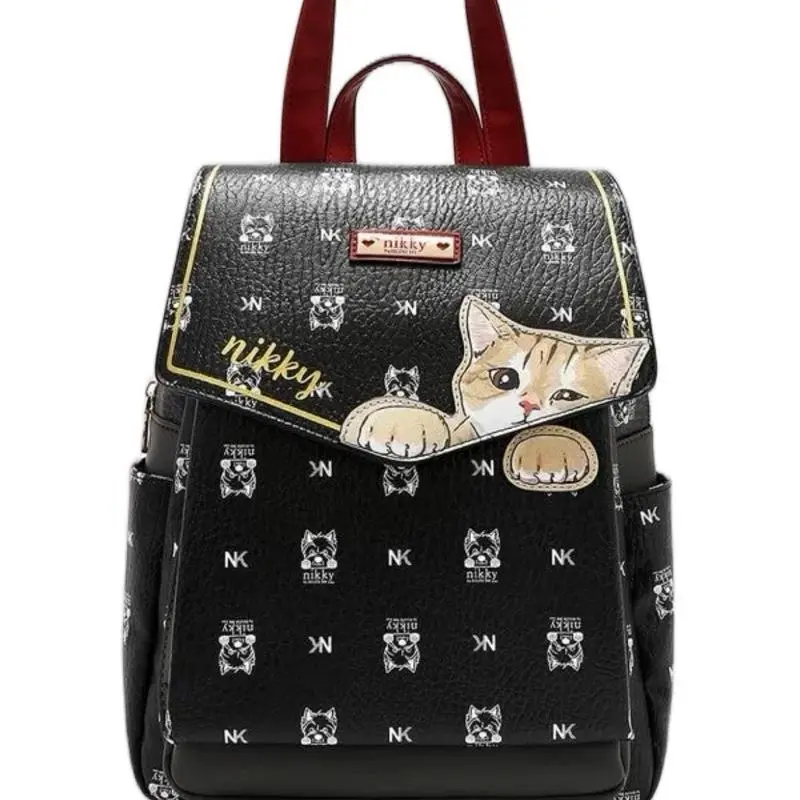 Nikky Cat Echo Leather Backpack Bag with Adorable Cat Design and Brand Logo Pattern