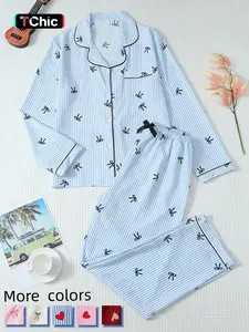 Women's Striped Bow Print Woven Long Sleeve Fitted Pajama Set, Pjs, Sweet Cute Button Front Top and Pants, Casual Loungewear Home Wear for All Seasons, Breathable Nightwear