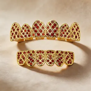 2PCS Set Halloween Gold Plated Iced Out Tooth Grillz VVS Moissanite Top Bottom Hip Hop Rapper Mouth Jewelry Streetwear Costume Trendy Gift