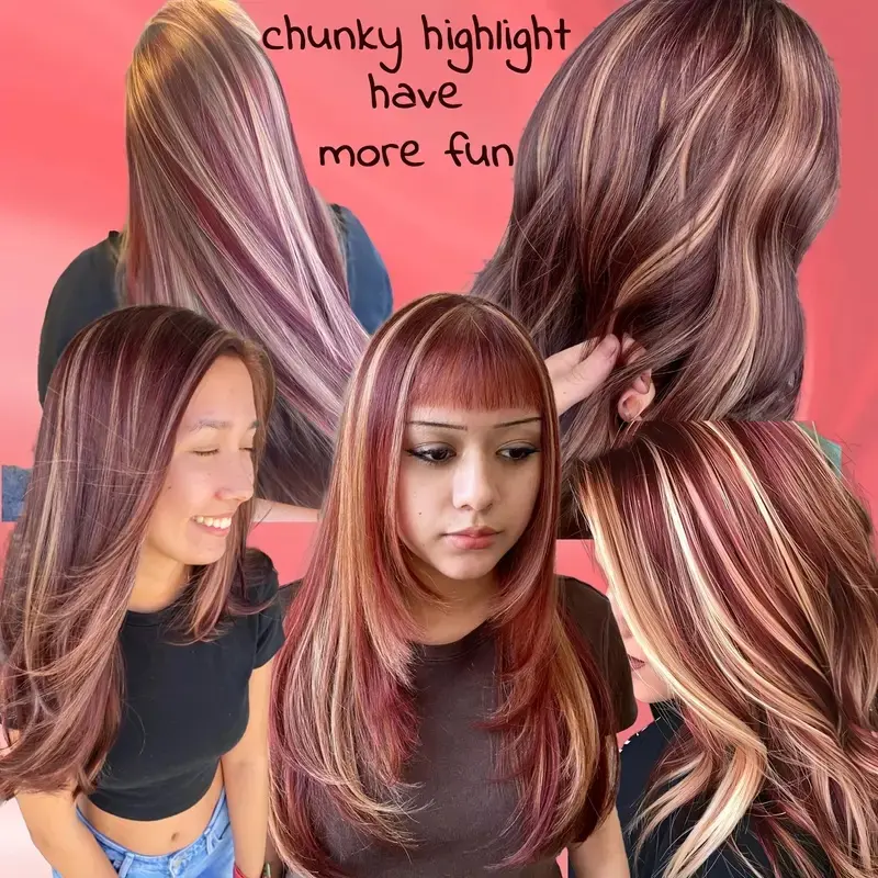 Chunky Highlight Glueless Wig for Women, Burgundy & Blonde Heat-Resistant Synthetic Fiber with 13x4 HD Transparent Lace, Hd Transparent Wig, Glueless Wigs