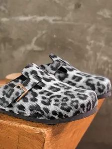 Unisex Soft Cork Heel Sandals Footwear, Classic Leopard Print, Adjustable Buckle, Genuine Leather, Casual Style, All Seasons Comfortable Wear
