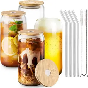 Set of 4 Glass Cups with Bamboo Lids and Straws, 16 Ounce Ice Coffee Cups, Drinking Cup Set with Wooden Lids, Essential Home Glass Tumblers for Beer, Cocktail, Tea, and Latte - Clear