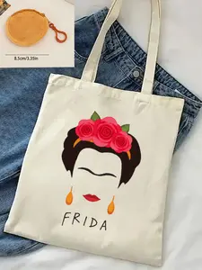 2 Piece Set Canvas Tote Bag Mini Wallet Frida Kahlo Portrait Print Large Capacity Shopping Bag Shoulder Bag Ideal Gift for Art Lovers, Stylish Tote Bag, Versatile Tote Bag