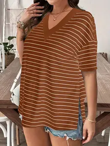 Women's Plus Size Comfortable Casual Striped V-Neck Fitted T-Shirt, Soft Breathable Moisture-Wicking, Fashion Multi-Functional Sportswear for Sports Fitness Daily Use Everyday Top Womenswear