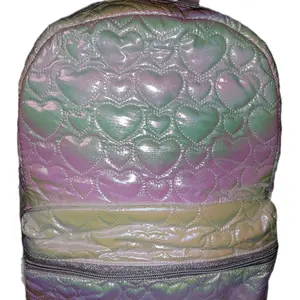 Iridescent Heart Backpack - White with Iridescent Sheen, Open Zipper Top, Spacious Storage, Padded Straps, and Heart Designs