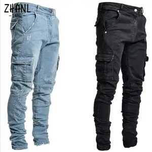 Multi Pockets Denim Mid Waist Cargo Jeans Menswear Pants Man