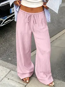 Women's Loose Fit Elastic Waist Wide Leg Pants, Breathable Lightweight Casual Long Pants, Spring Summer Style