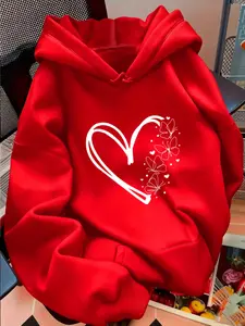 Elegant Casual Heart Pattern Hooded Adjustable Drawstring Sweatshirt, Fitted Style for All Seasons, Comfortable and Stylish Pullover