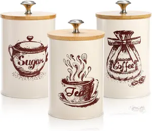 Sturdy Bamboo-Silicone Lid Metal Canister Set, 25 Oz Aesthetic Farmhouse Kitchen Food Storage Containers for Countertop, Shelf, Coffee Bar Decor (Beige)