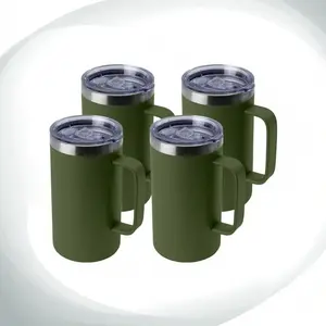 24oz Mug with Handle and Lid, Stainless Steel Coffee Mug, Travel Mug with Handle, Double Wall Vacuum Coffee Tumbler, Reusable Insulated Cup, Army Green, Pack 4