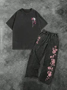 Men's Cotton Two-Piece Set, Sakura Print Floral Casual Fashion, Comfortable Round Neck Short Sleeve T-Shirt and Long Pants, Spring Fall Winter Sports Wear