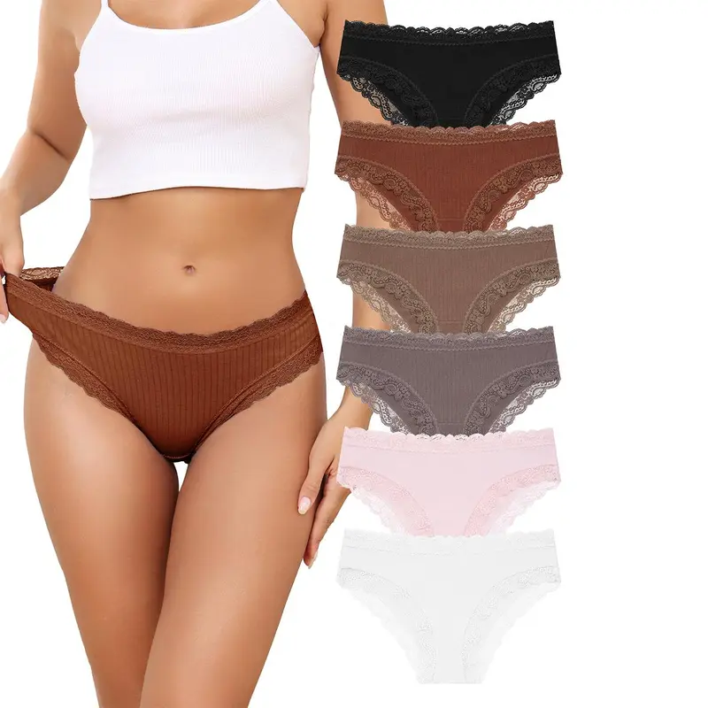LEVAO Women's Lace Cheeky Briefs - Cotton Blend, Soft Stretch, No Show Hipster Panties, 6-Pack, Lace Panties