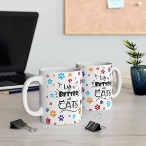 Life Is Better with Cats Ceramic Mug — 11oz Cat Lover Coffee Cup