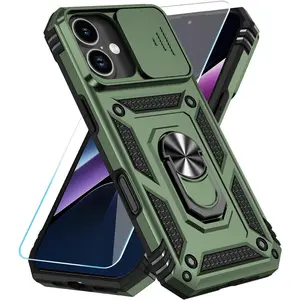 SunStory Compatible with iPhone 17 Case with HD Screen Protector & Slide Camera Cover & Rotated Ring Kickstand, [Military-Grade] iPhone Case (ArmyGreen, for iPhone 17)