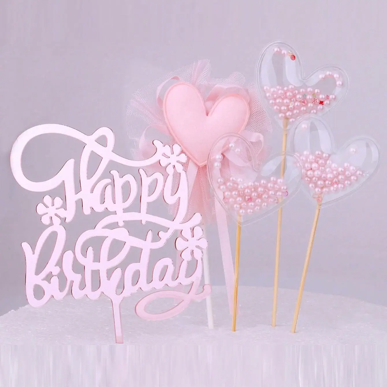 5 Heart Cake Decorations, Rose Gold Birthday Card Inserts, Paper Cupcake Decor, Party Supplies for Birthdays, Weddings, Anniversaries, Cake Decorating