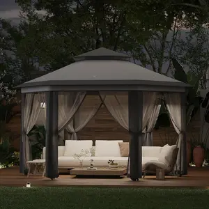 13' x 13' Pop-Up Gazebo Canopy Tent with Zippered Mesh Sidewalls and Carrying Bag, Event Tent Shelter for Patio Garden Backyard, Dark Grey and Light Grey Outdoor Lounge Design Modern Aesthetic